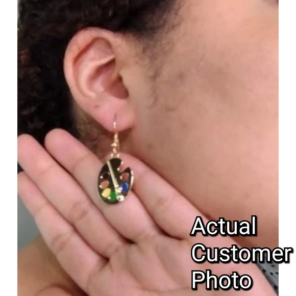 Artist Paint Palette Earrings Gold Tone Dangle Drop Earrings - Picture 6 of 6